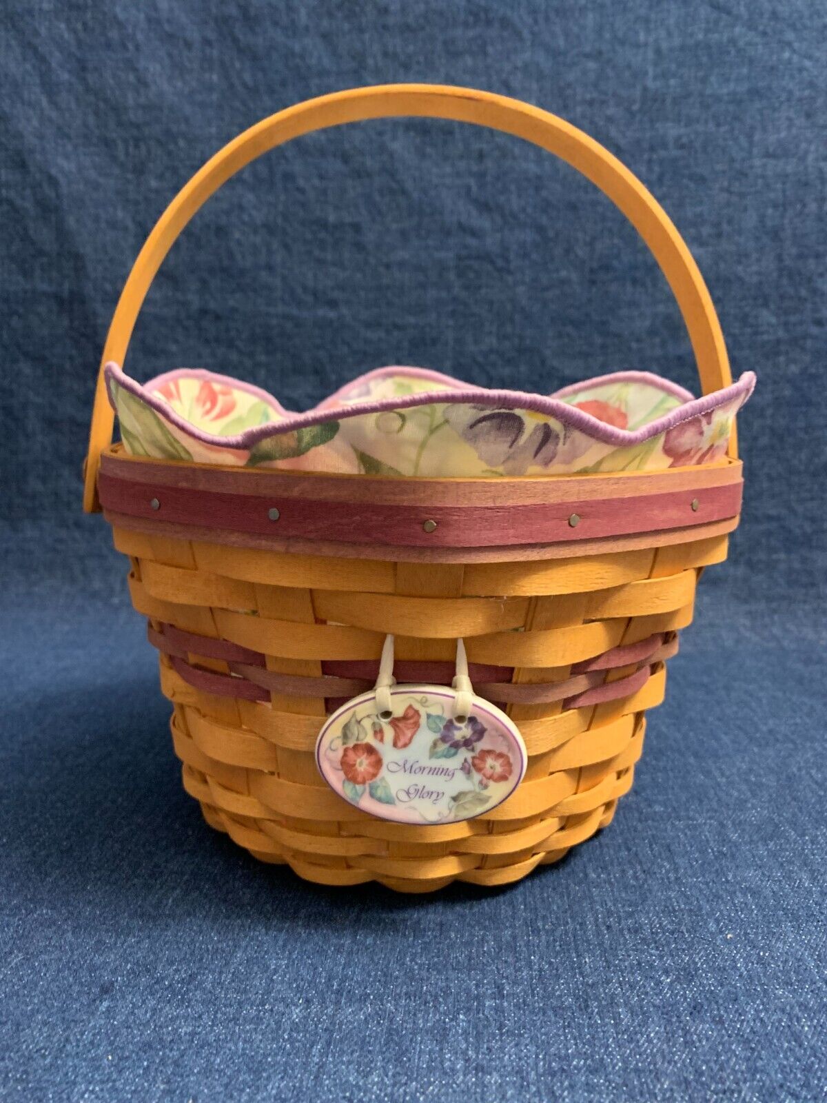 Longaberger 2000 May Series Morning Glory Basket W/Protector, Liner &Tie On MINT