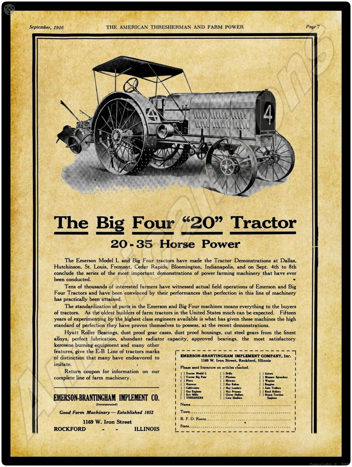 1916 Emerson Brantingham Big 4 Tractor 20-35 New Metal Sign: Rockford Illinois