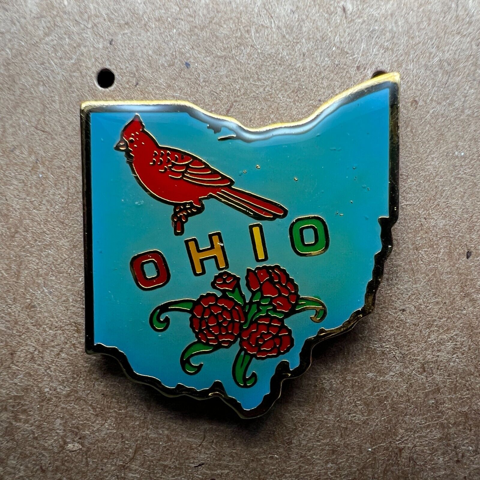 Vtg Lapel Pin Ohio State Shaped Pin Cardinal Carnation Blue Enamel Souvenir Tac