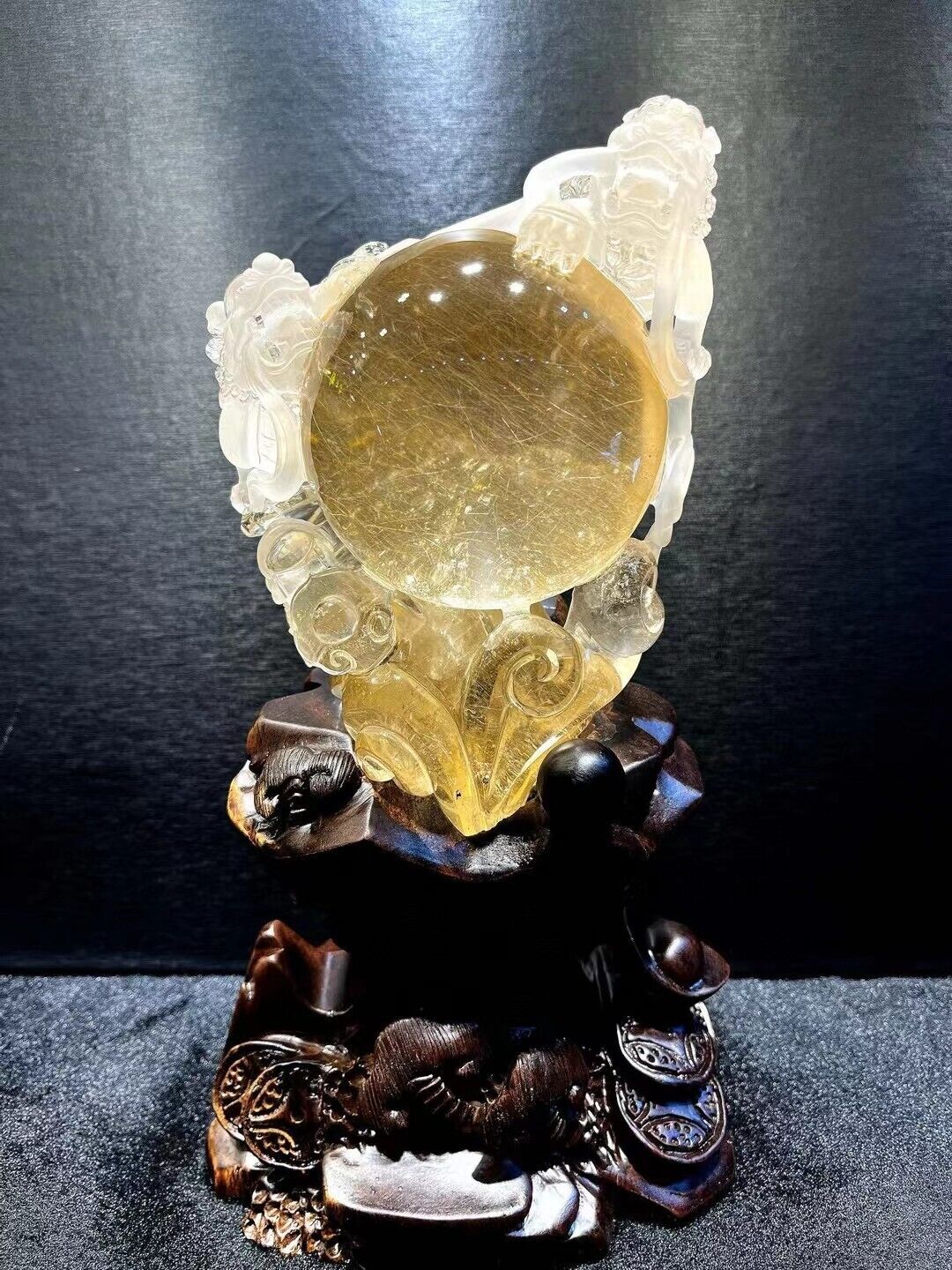 5.39LB Top Natural Rutile crystal quartz Carved crystal Lion  reiki heal+stand