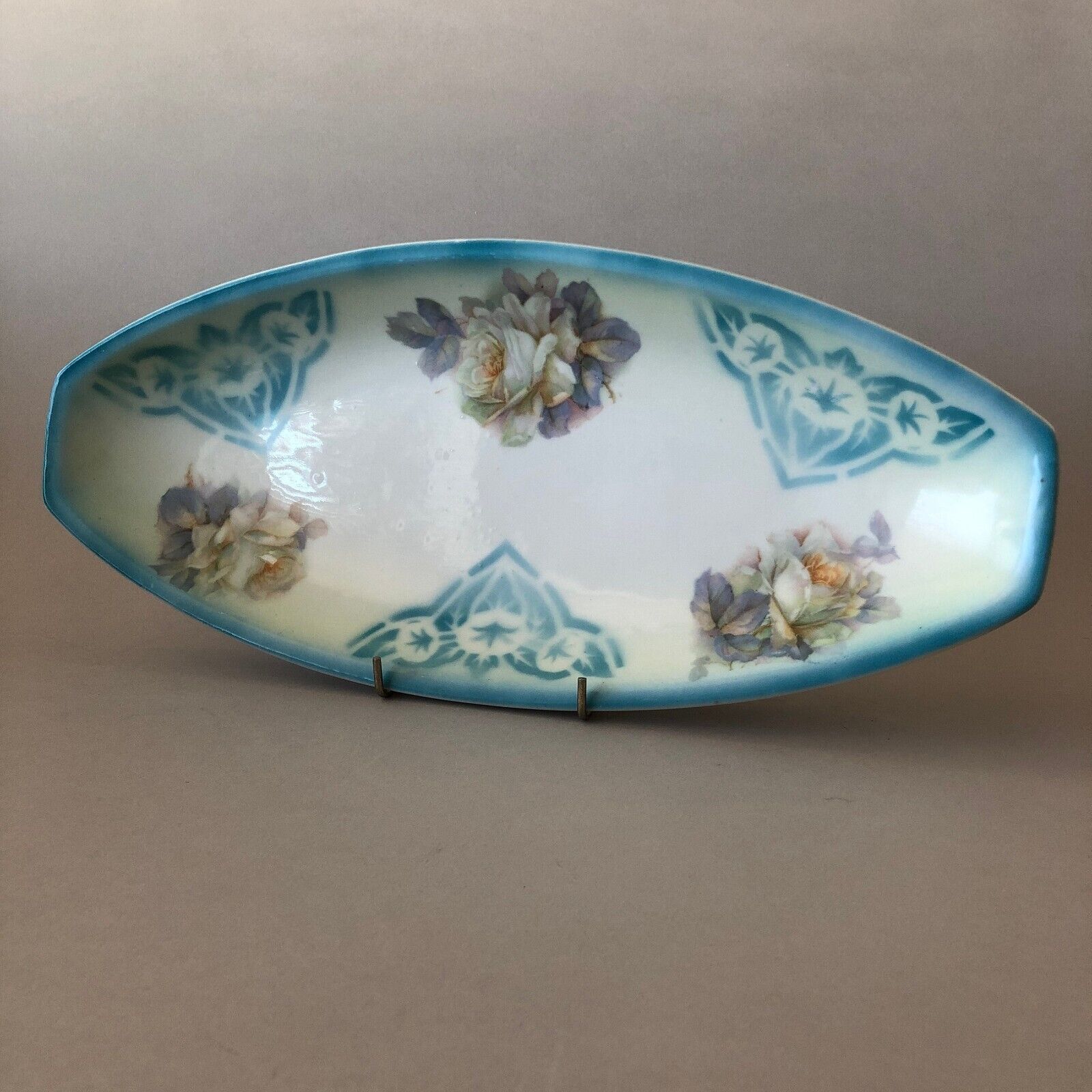 German ANTIQUE Oblong Serving Tray Airbrush & Transferware Decal Flowers on Blue
