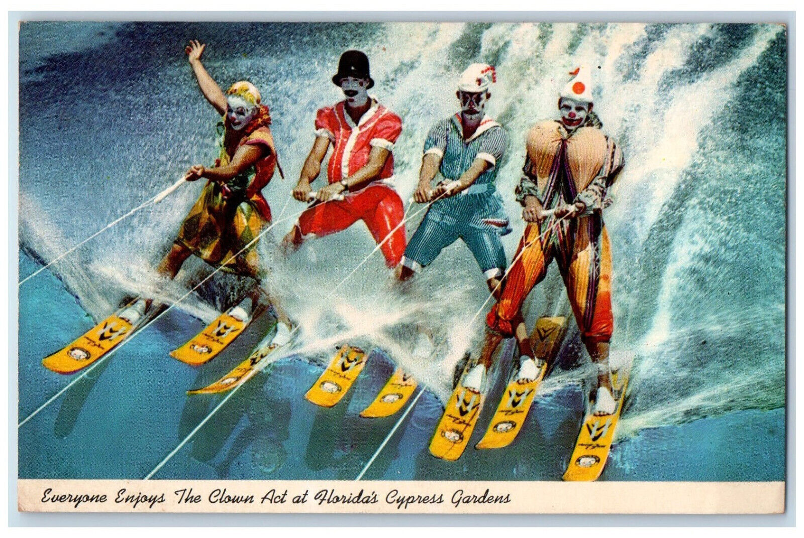 c1960's Four Clown Act Water Skiing at Florida's Cypress Gardens Postcard