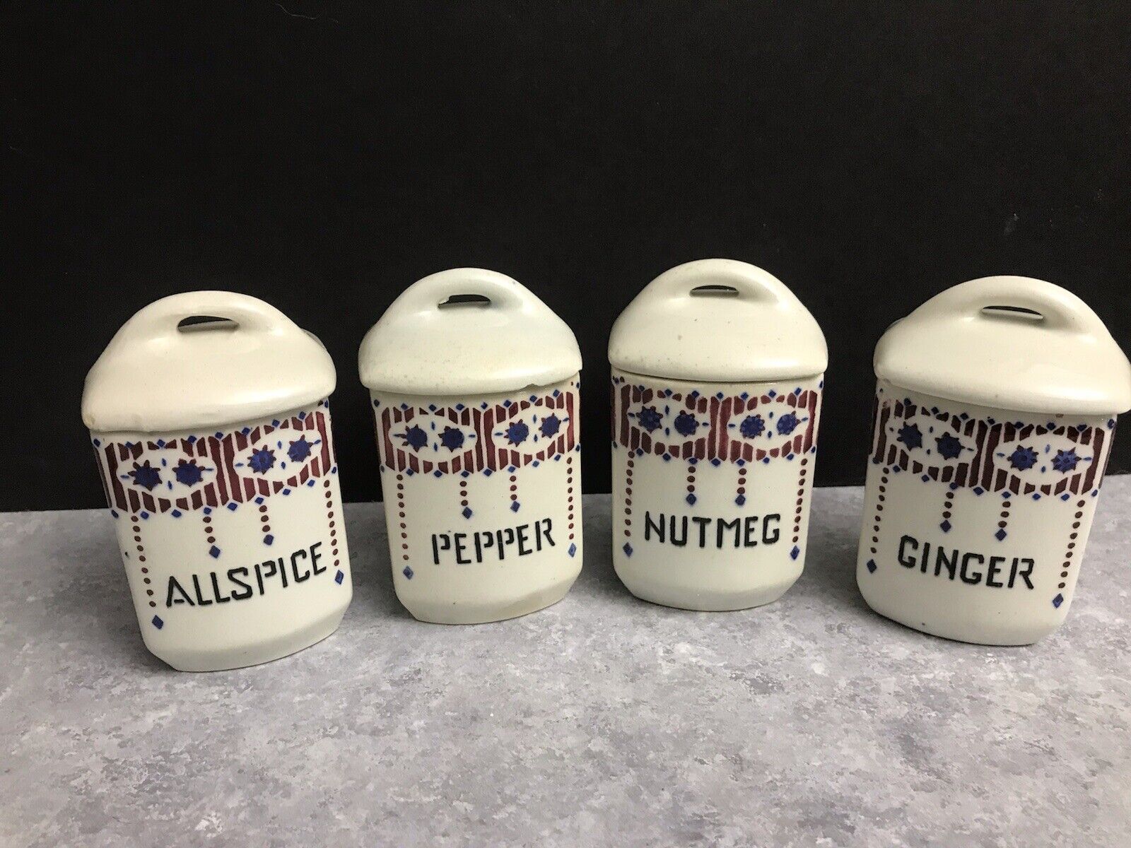 Old Czechoslovakia Pottery Ceramic Spice Jars Nutmeg Pepper Allspice Ginger etc.