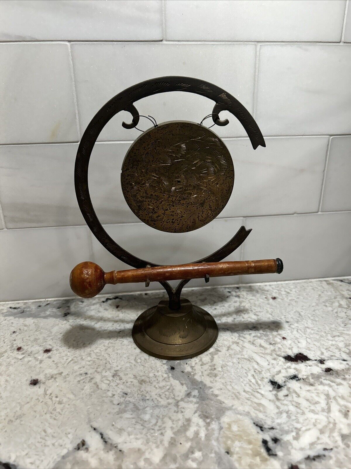 Vintage Brass Metal Handmade Decorative Etched Gong w/Wooden Mallet - India