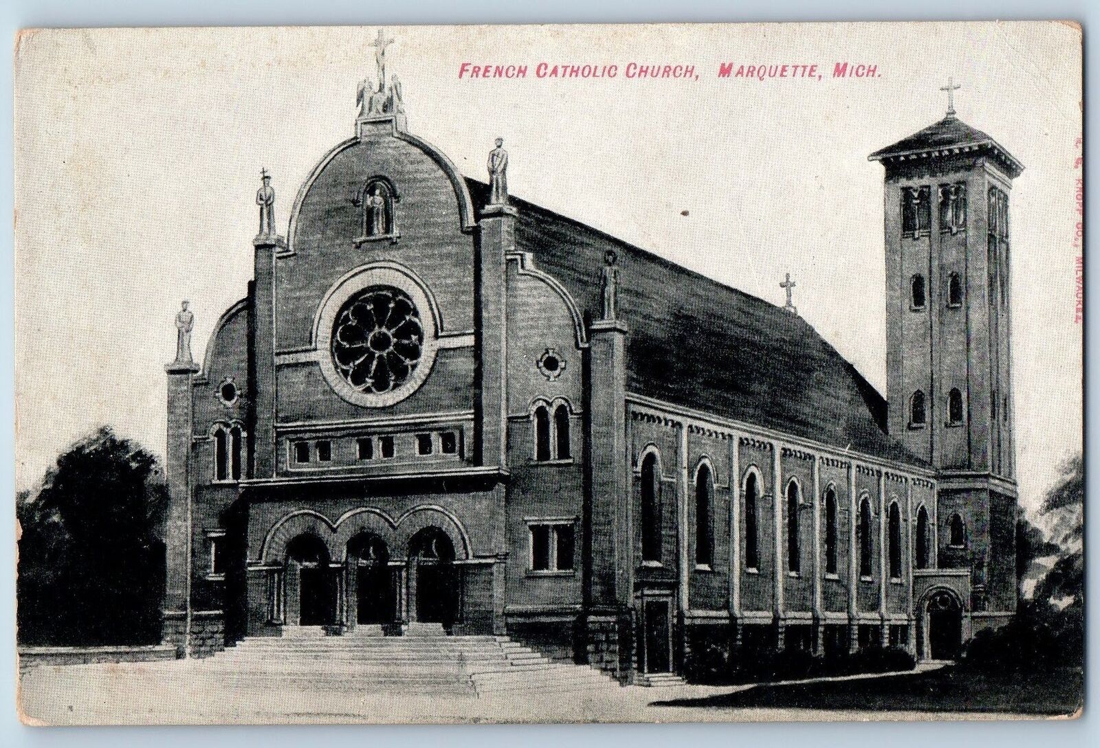 Marquette Michigan MI Postcard French Catholic Church Exterior  c1910's Antique