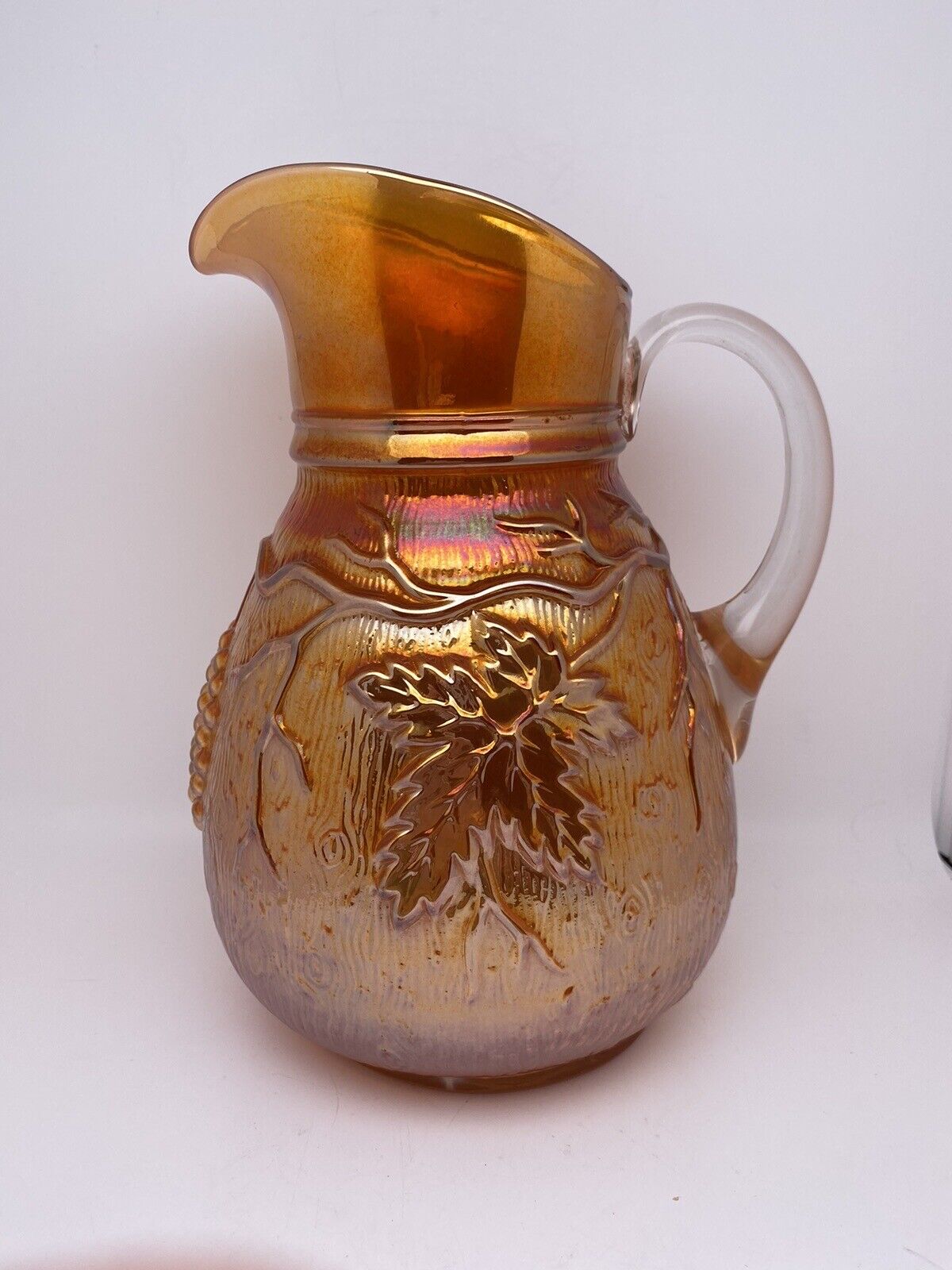 Antique 1910-1913 Dugan Marigold Carnival Glass Vineyard Pitcher 80 Ounces
