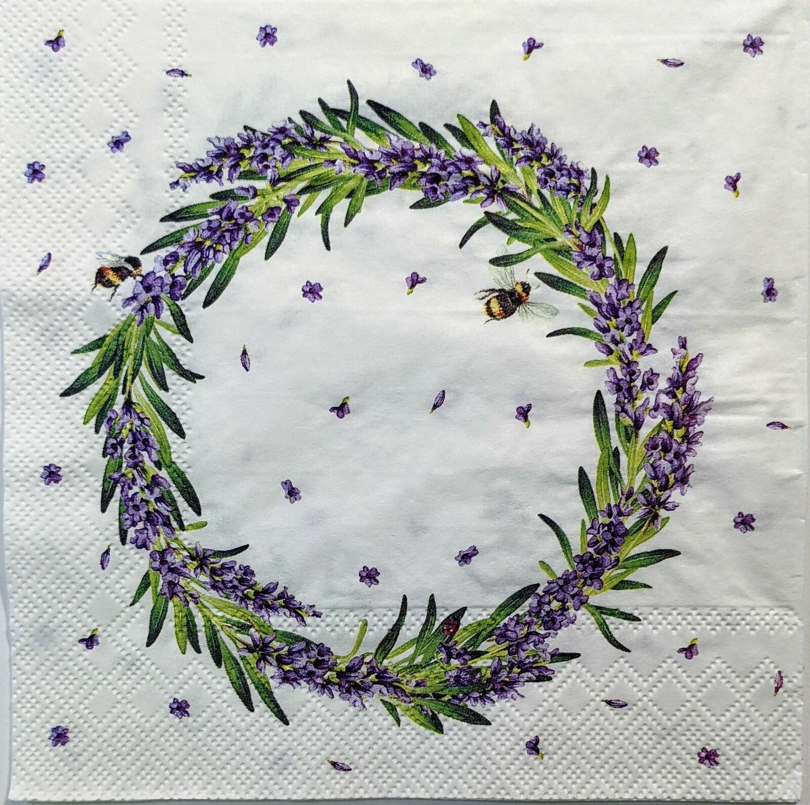 TWO Individual Paper Lunch Decoupage Napkins - 1380 Lavender Wreath w/ Bees