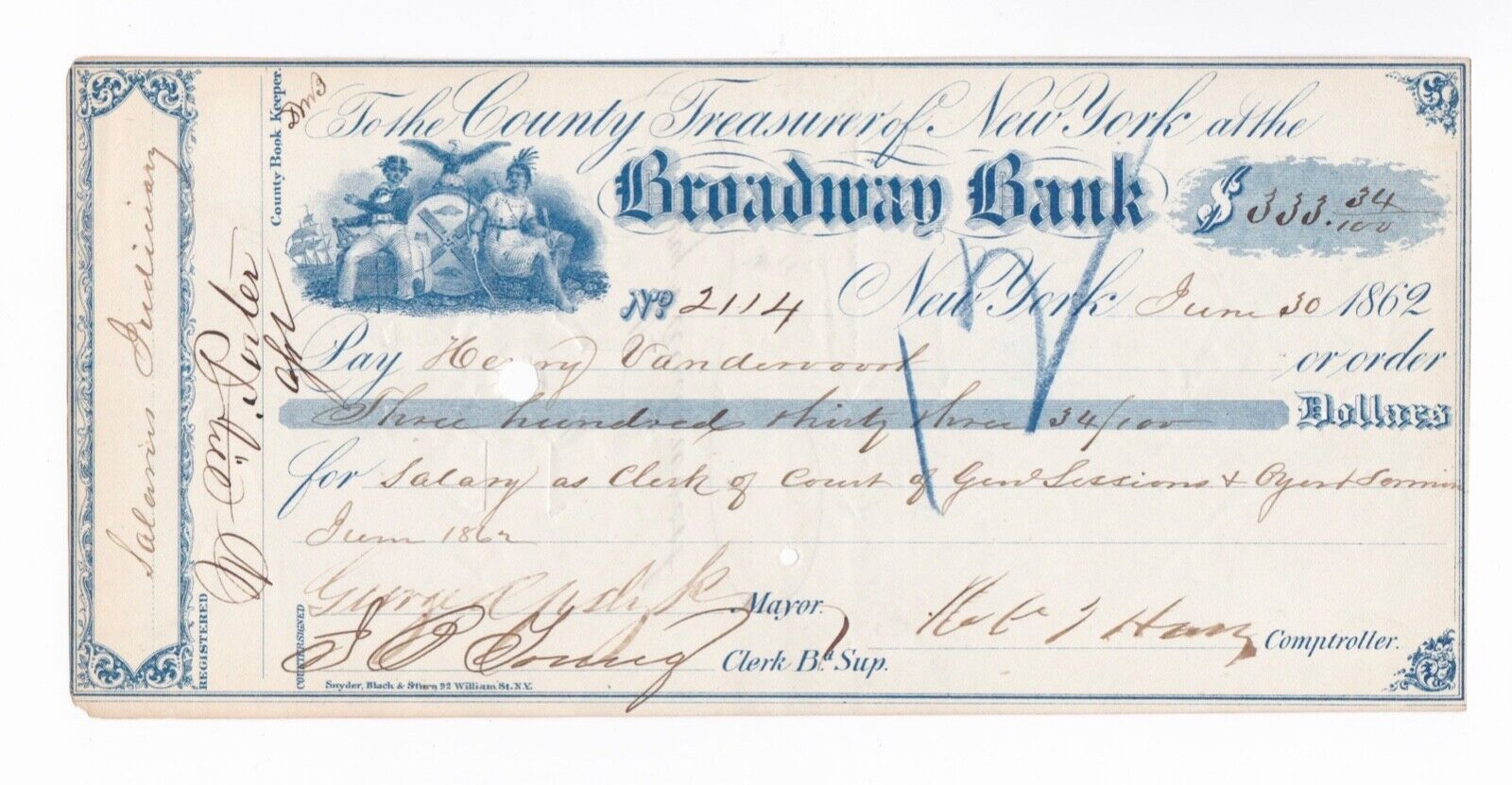 MAYOR OF NEW YORK GEORGE OPDYKE- SIGNED BANK CHECK FROM 1862