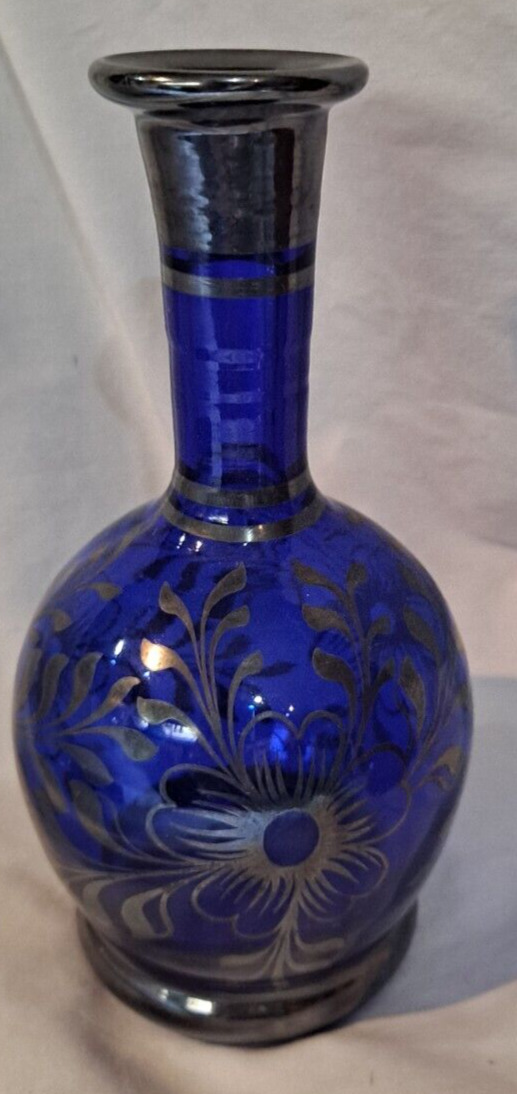 Vintage Cobalt BLUE GLASS VASE Hand Painted with Silver Overlay Made in Italy 