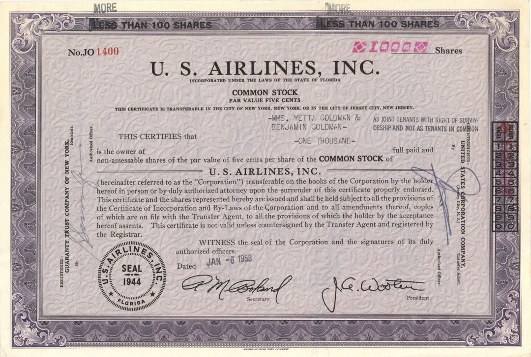 U. S. Airlines, Inc. - dated 1946-1954 Aviation Stock Certificate - Famous Freig