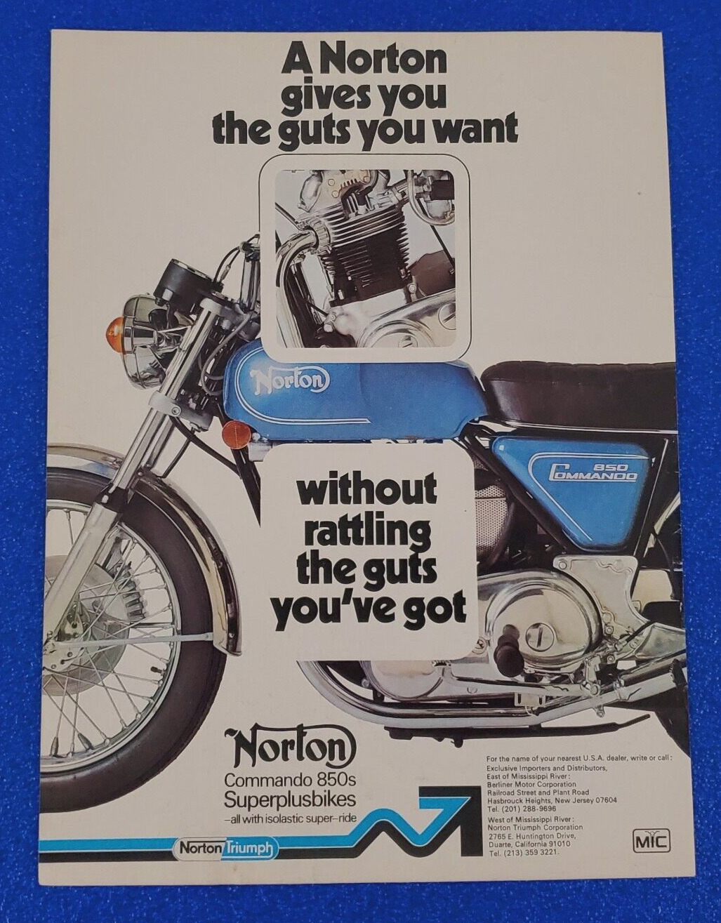 1974 NORTON COMMANDO 850s MOTORCYCLE SUPERPLUSBIKES ORIGINAL COLOR PRINT AD BLUE