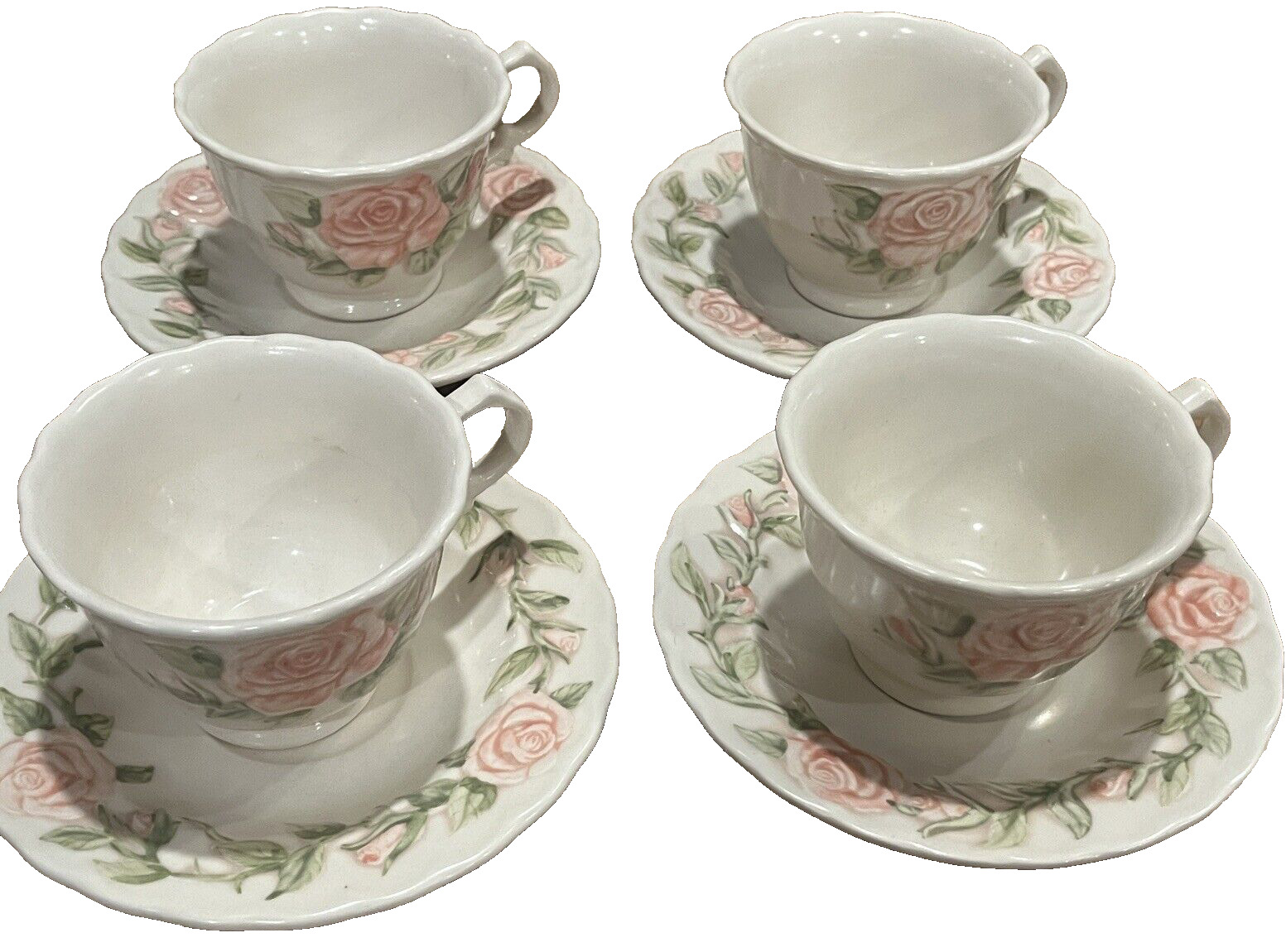 Vintage Shabby Chic Vernonware by Metlox Rose Pink Cup & Saucer Set of 4