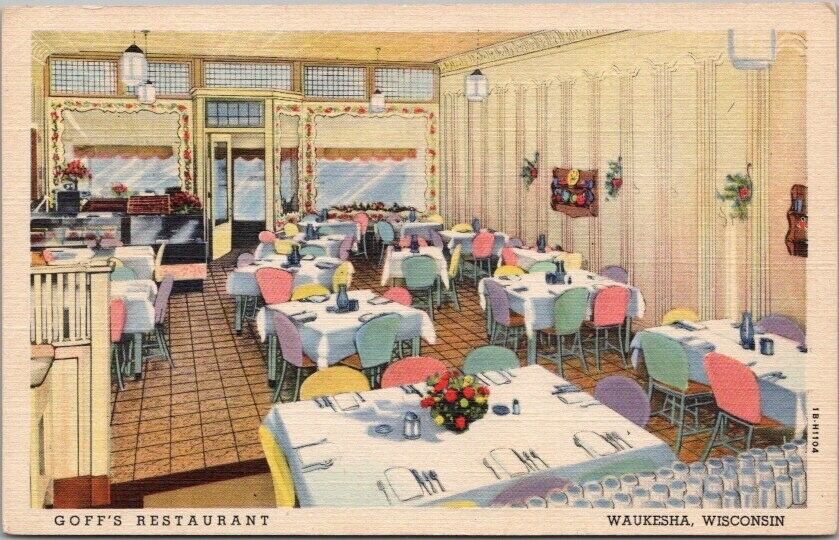 WAUKESHA, Wisconsin Postcard GOFF\'S RESTAURANT Interior / Curteich Linen 1941