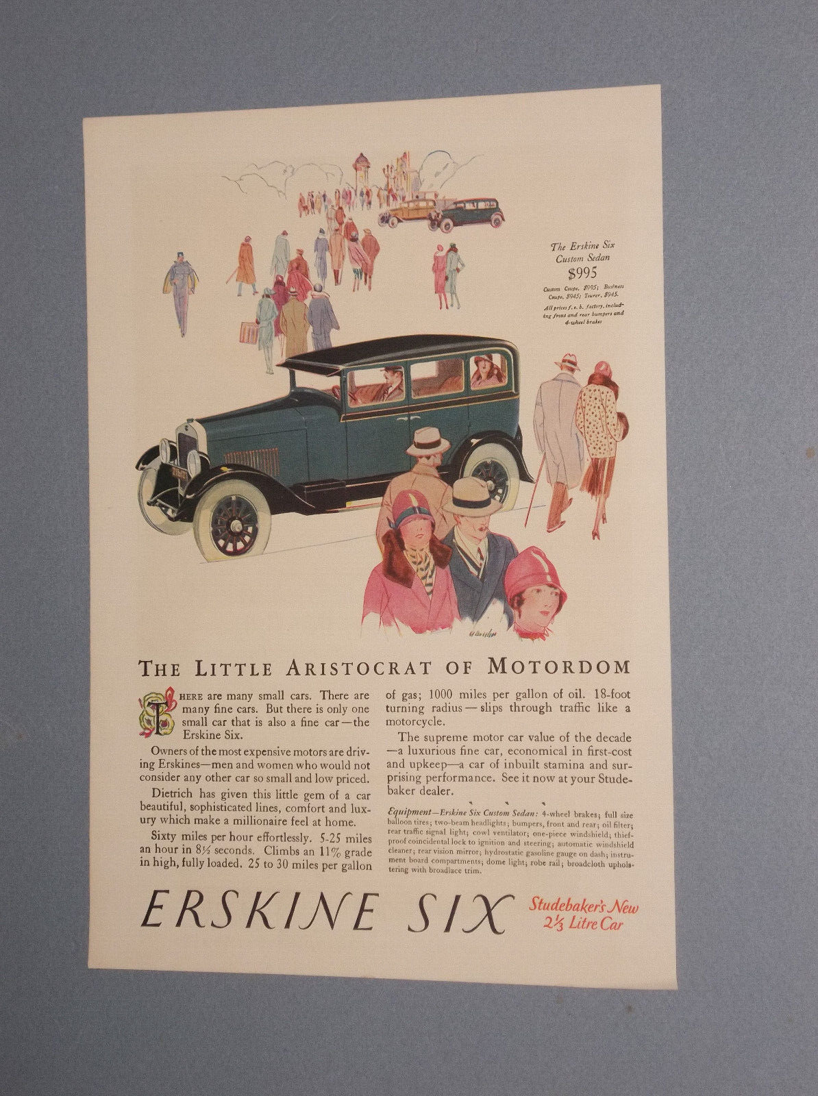 1927 ERSKINE SIX CUSTOM SEDAN AD STUDEBAKER\'S NEW 2 1/3 LITRE CAR AD