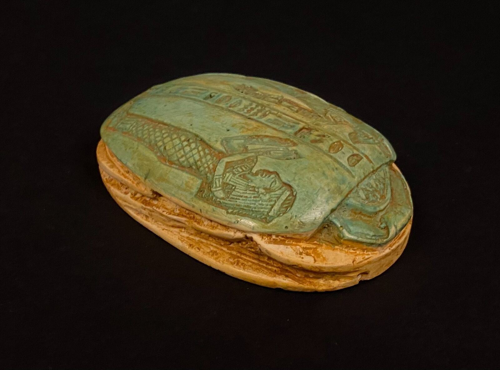 Superb Huge Faience Scarab Beetle Statue With Anubis And Isis On Top  SALE