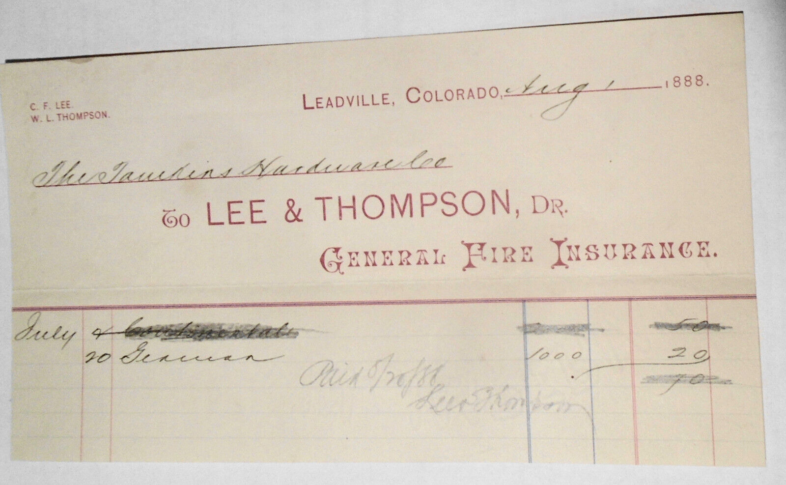 1888 Billhead receipt,  Lee & Thompson, Dr - Fire Insurance;  Leadville Colorado