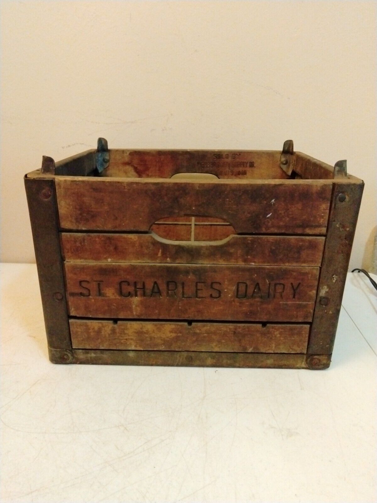 Vintage Antique St. Charles Dairy Wood and Metal Milk Crate
