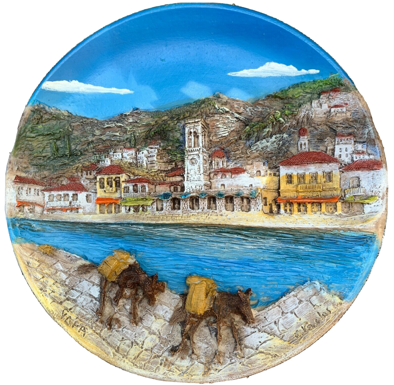 Greece Terracotta Folk Art Pottery CIPA YAPA Wall Hanging Plate 3D Countryside