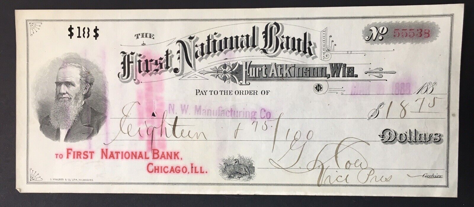 Antique 1888 Check  The First National Bank Fort Atkinson, Wisconsin