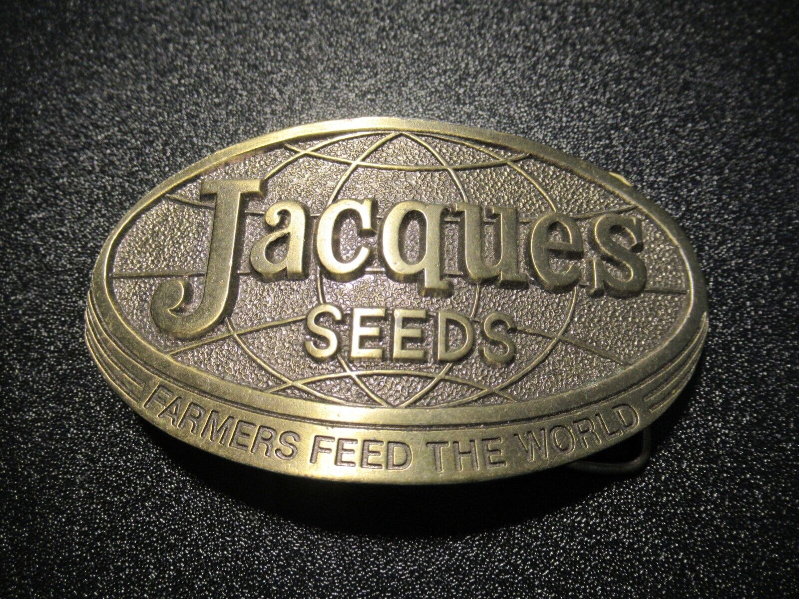 Vintage 1977 Brass Belt Buckle Jacques Seeds Farmers Feed The World Made USA