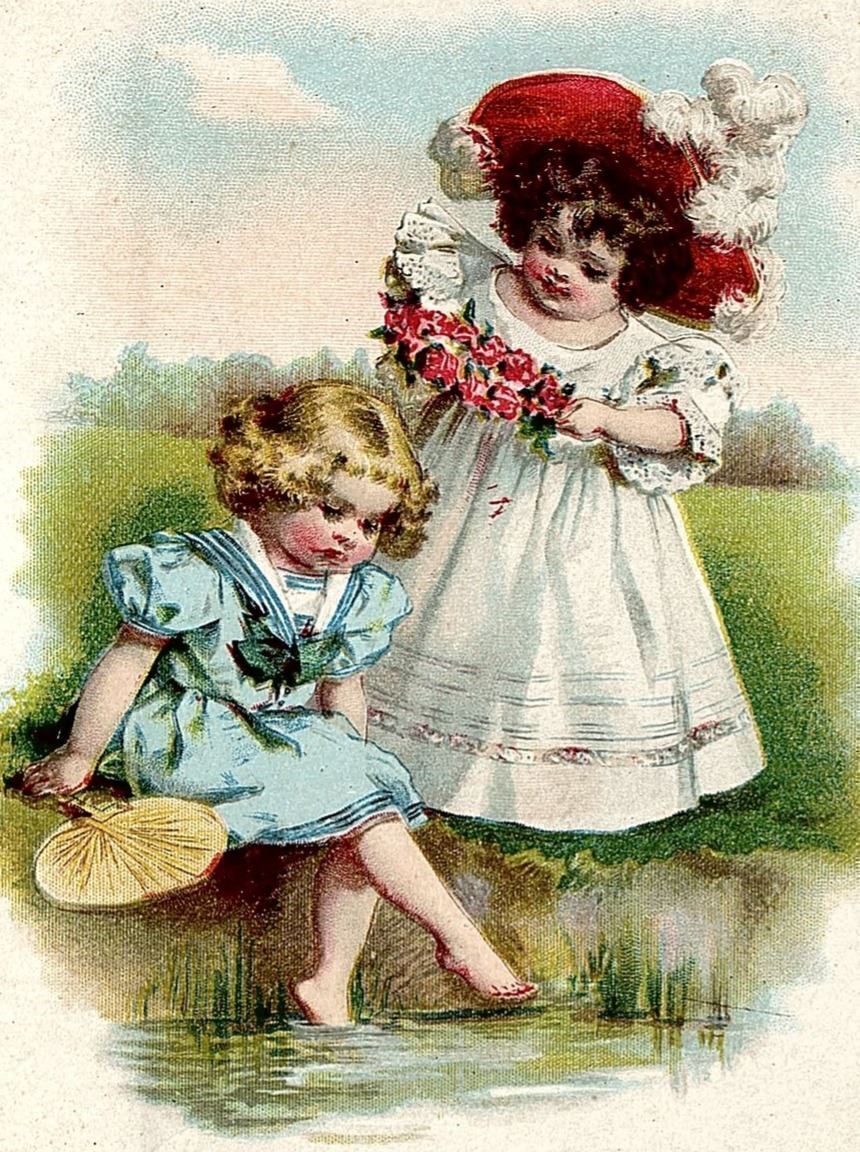 1880s VICTORIAN GIRLS DIPPING FEET IN STREAM FAN HAT FLORAL TRADE CARD 25-240