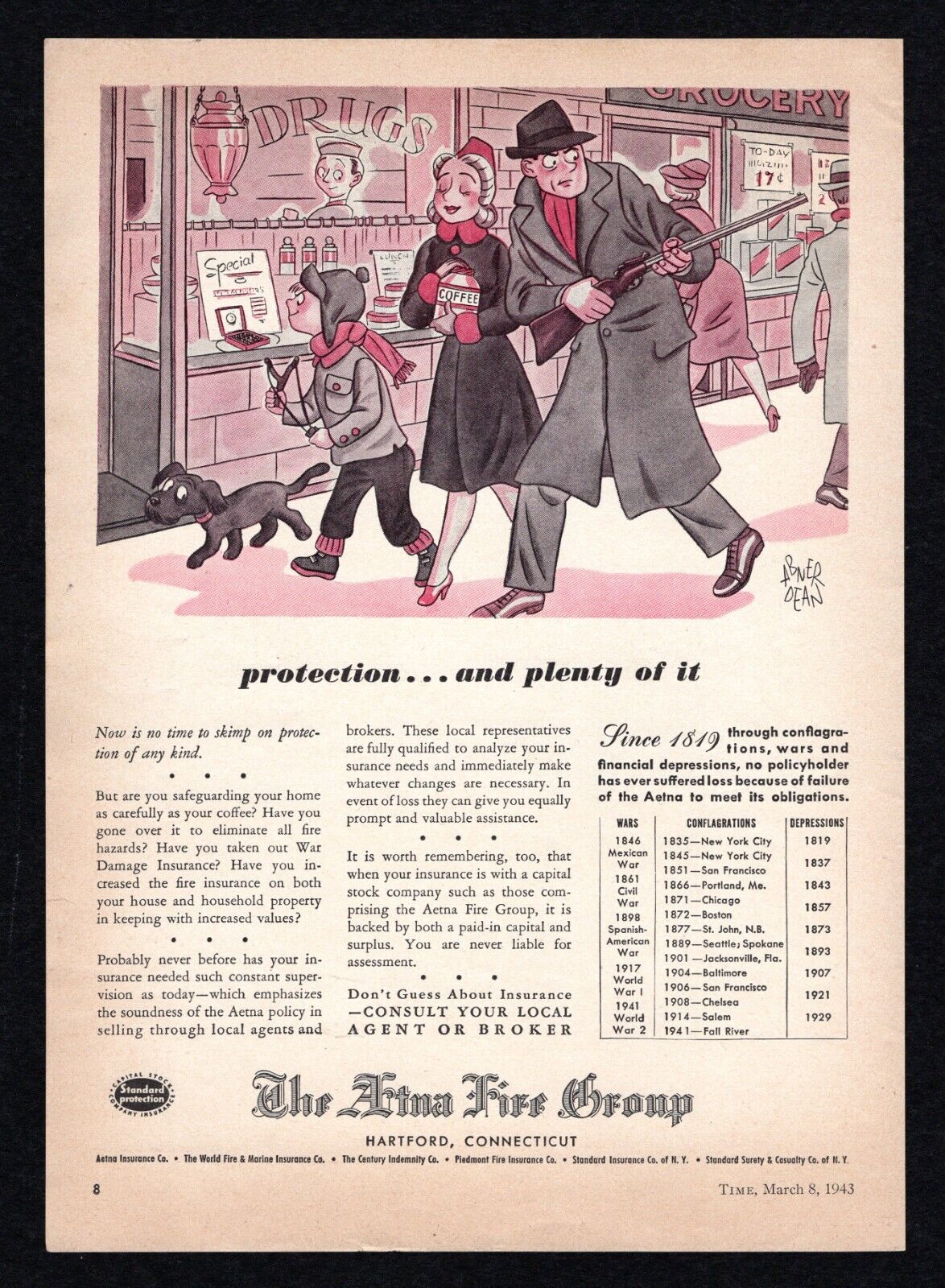 1943 Aetna Fire Group Man Son Dog Protecting Pretty Lady With Coffee Print Ad
