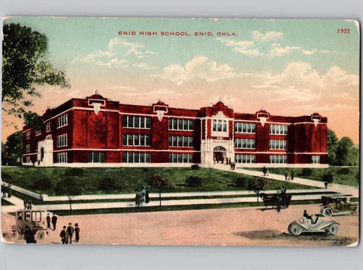 c1910 Enid High School Oklahoma OK Old Cars Postcard
