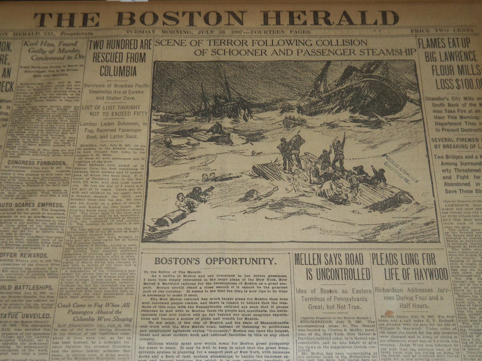 1907 JULY 23 THE BOSTON HERALD - 200 ARE RESCUED FROM COLUMBIA - BH 256