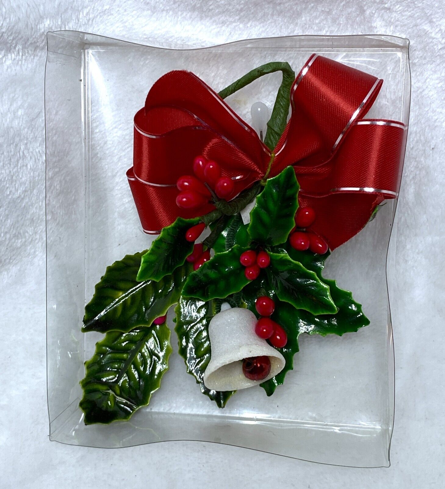 Vintage NOS Christmas Corsage Holly And Bell Red In Original Box