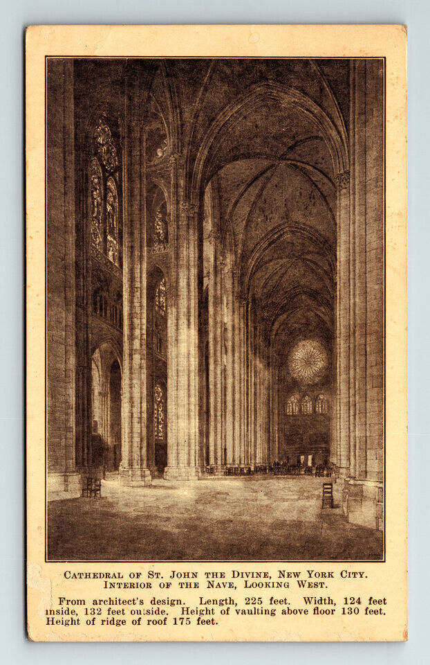 c1927 DB Postcard New York City NY Interior Nave Cathedral of St. John