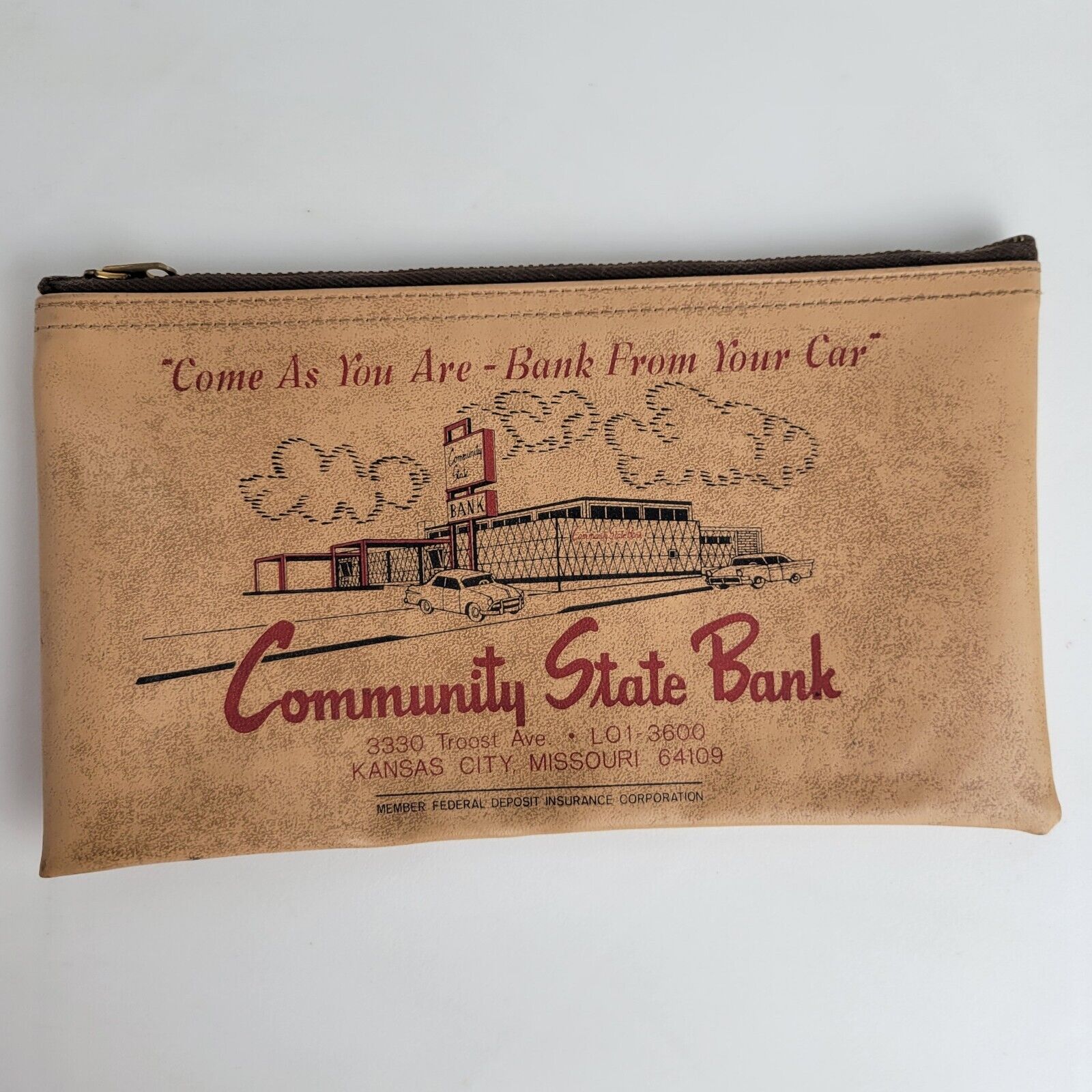 Vintage Kansas City Community State Bank Zipper Bag MCM Mid Century Modern Image