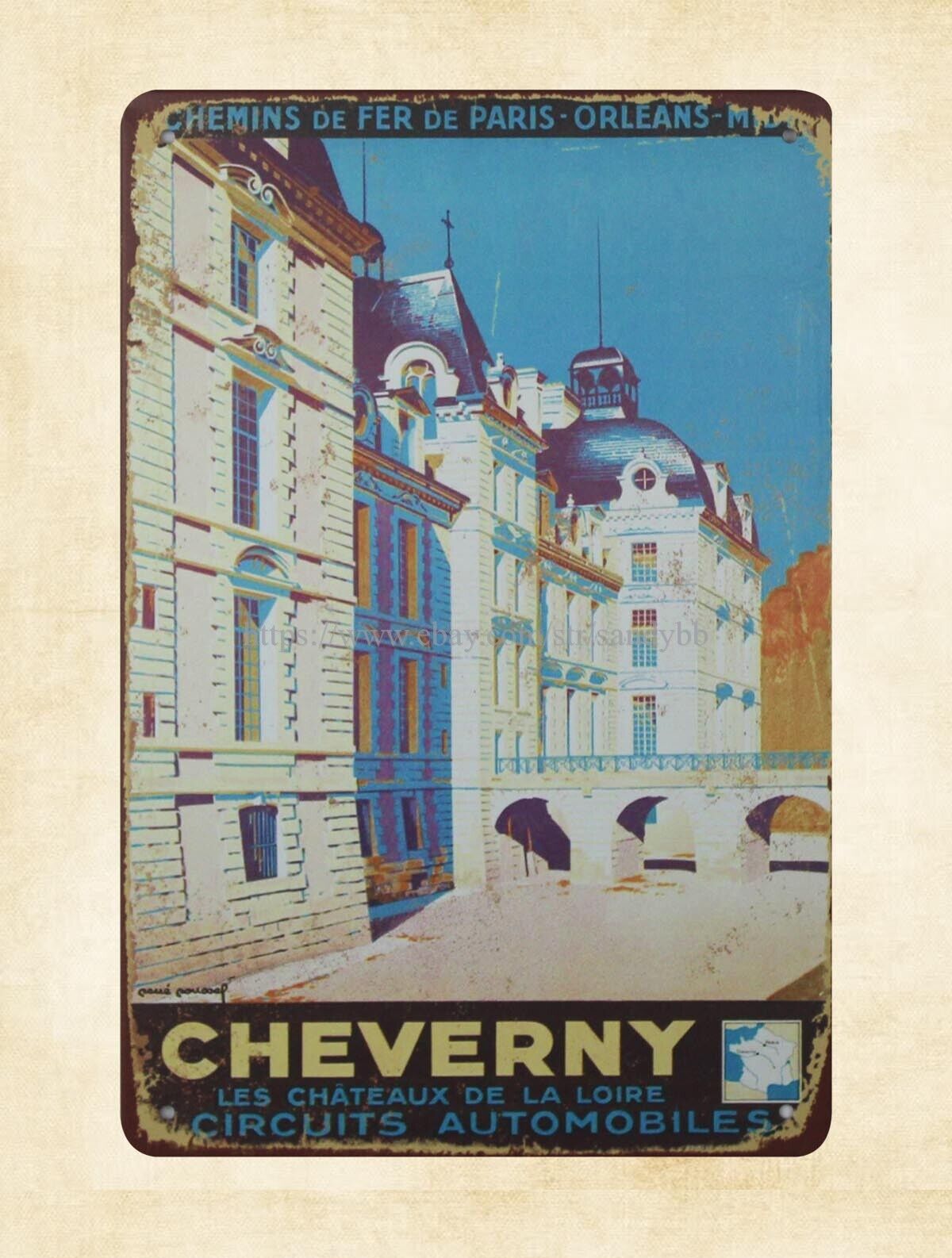 1920\'s French railway travel poster Cheverny metal tin sign wall posters