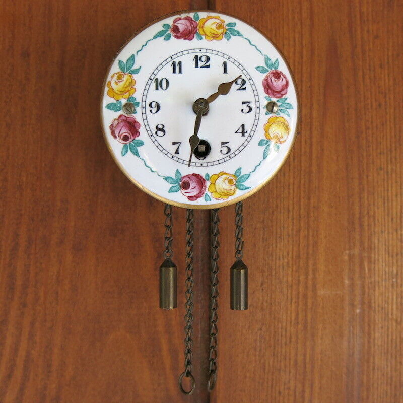 Antique German or French Brass Hanging Clock Enamel Floral Panel 19C Victorian