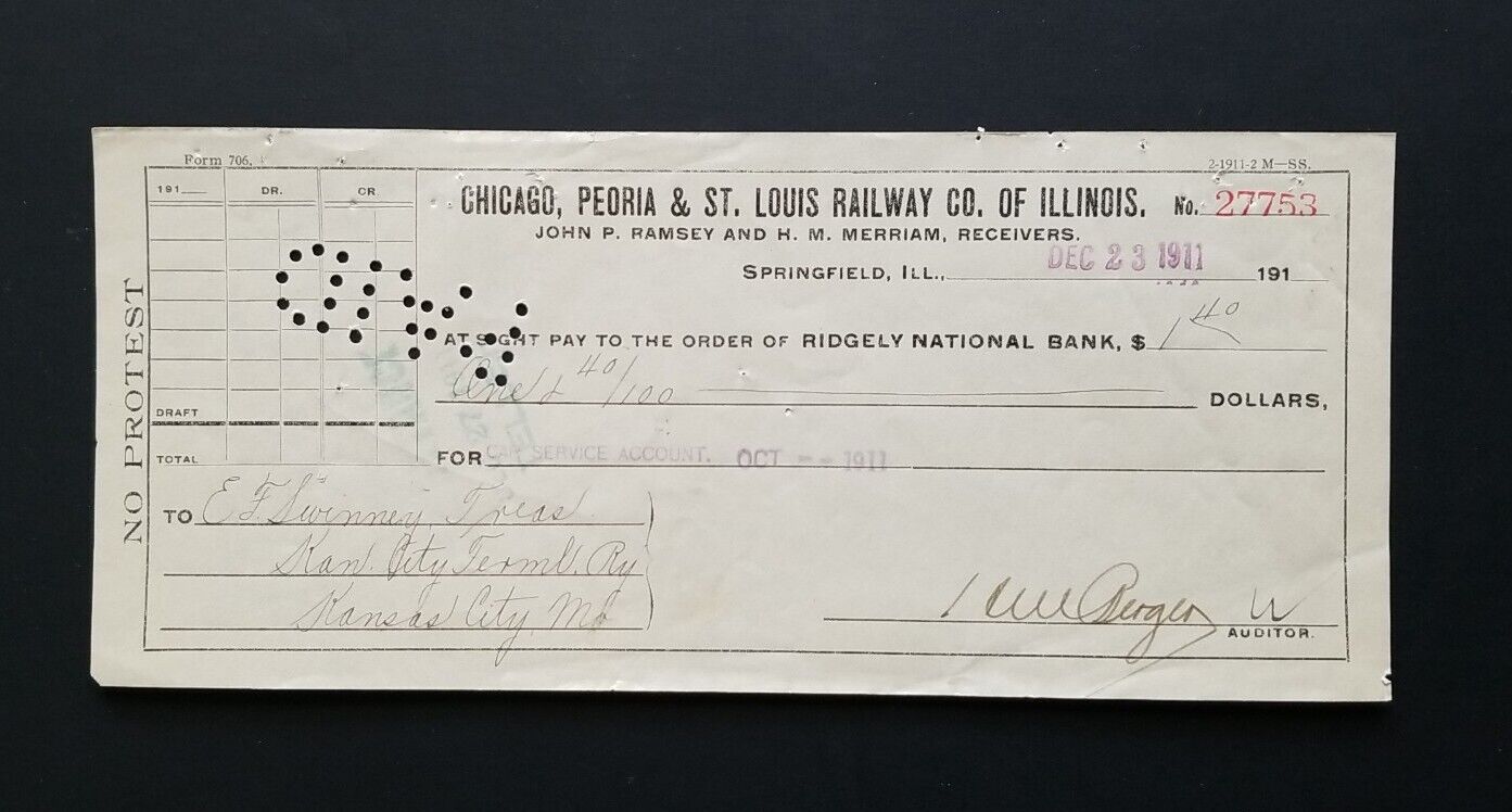 1911 Chicago, Peoria & St Louis Railway Co. Of Illinois Antique CANCELLED CHECK