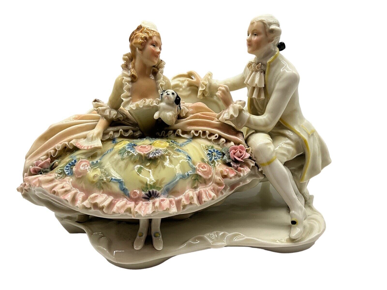 Karl Volkstedt Porcelain Figurine - Courting Couple With Dog - Germany 1920-30