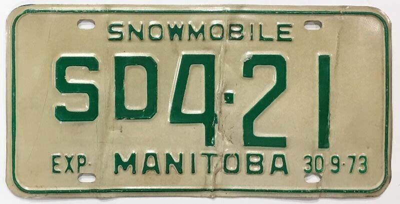 Vintage Manitoba Canada 1973 Snowmobile License Plate SD4-21 Oddball Type