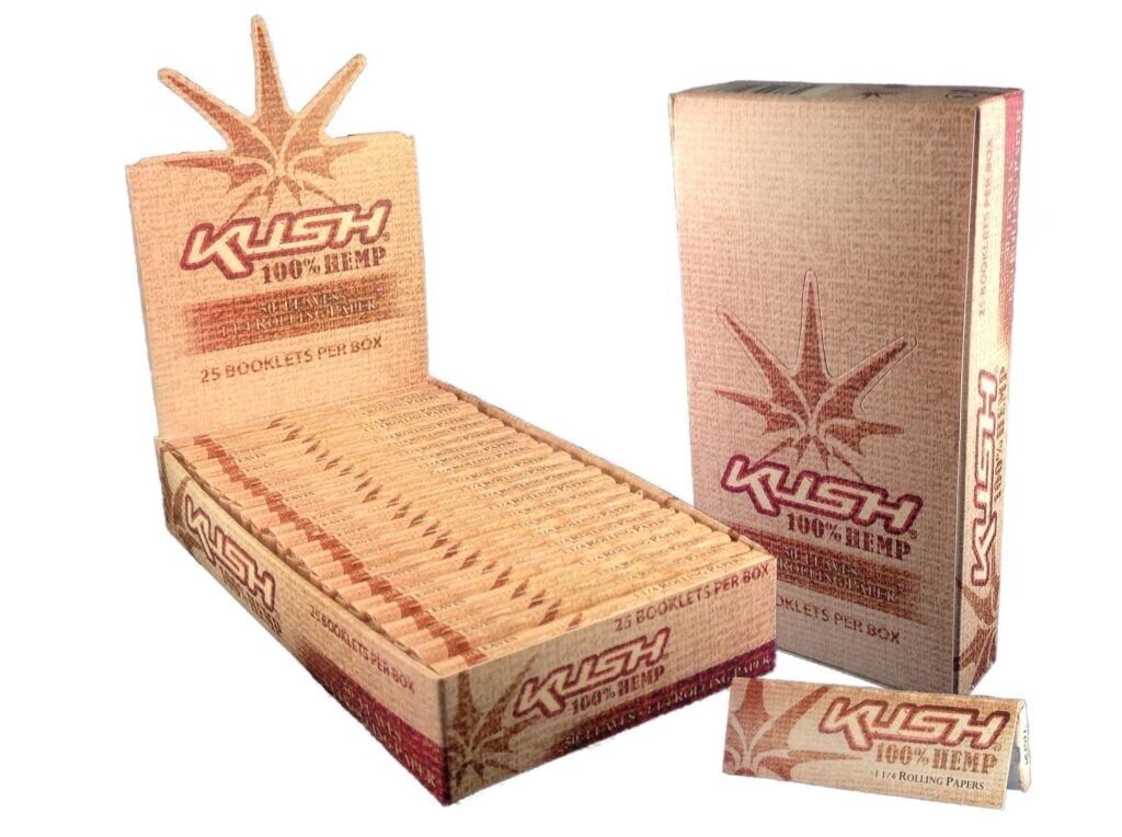 New Box of  25 Packs KUSH 100% Hemp Paper 1 1/4 Rolling Papers Wholesale 