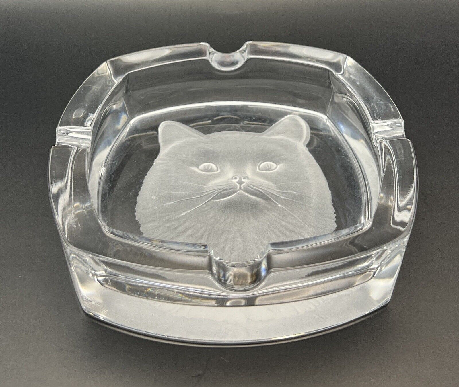 Crystal D\'arques Garanti - Etched Cat Frosted Glass Ashtray