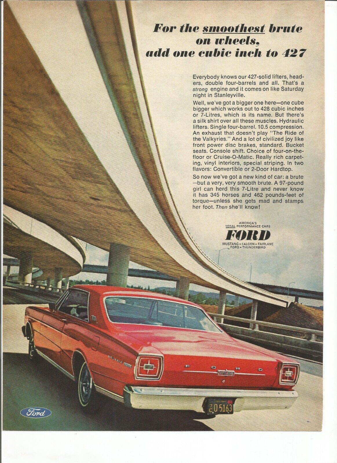 Original 1966 Ford Galaxie 7 Litre vintage print ad:  add one cubic inch to 427