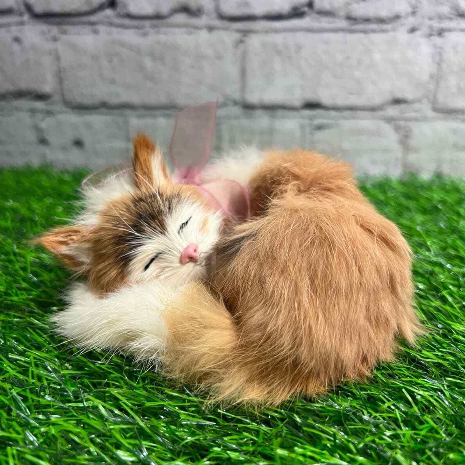 Real Fur Life Like Realistic Real Rabbit Fur Sleeping Cat Kitten Figure Mini