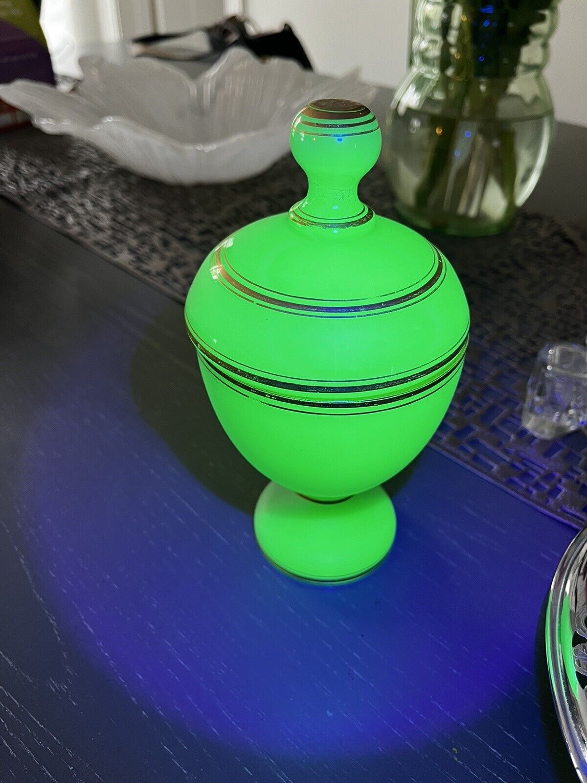 Vintage French Green Gilded Opaline Glass Trinket Jar