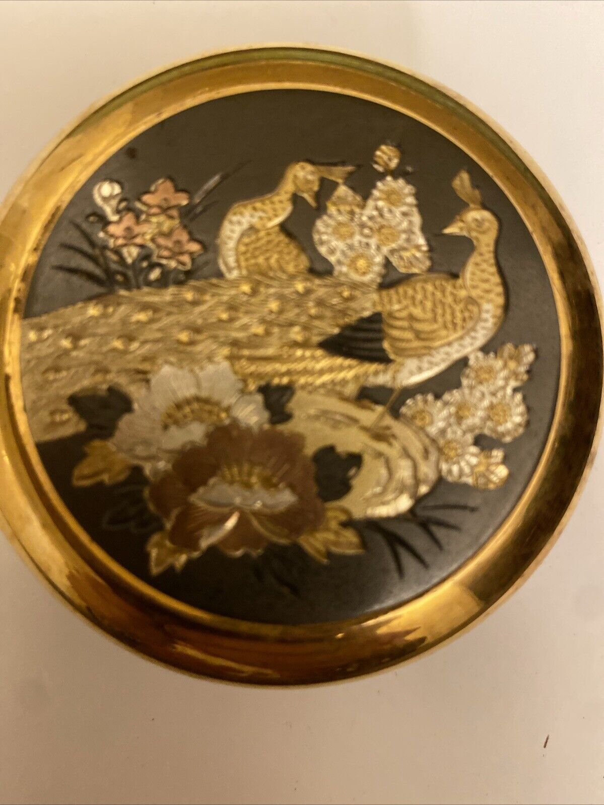 The Art Of Chokin  24k Gold Edged Trinket Box With Peacocks