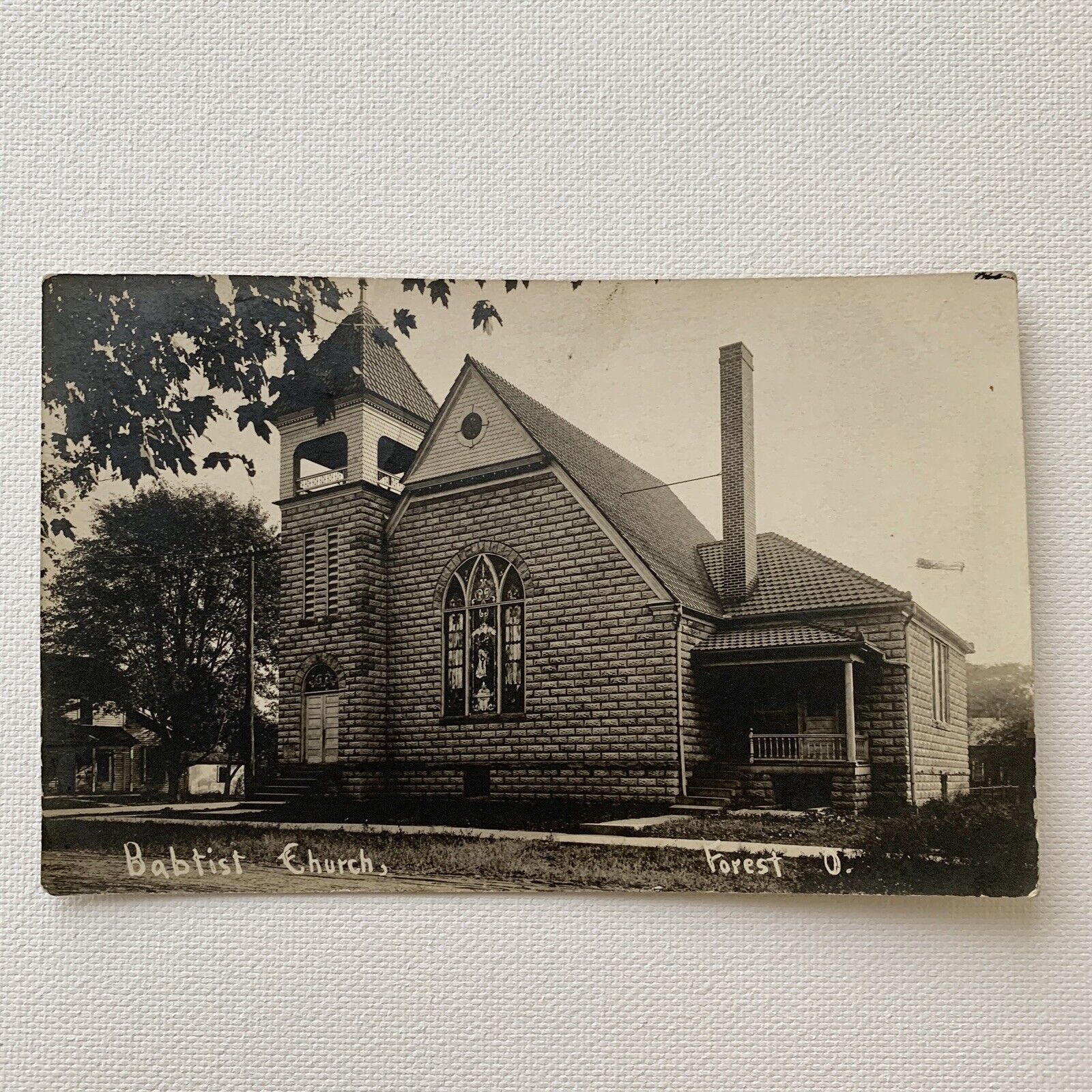Antique RPPC Real Photograph Postcard First Baptist Church Forest Ohio Postmark