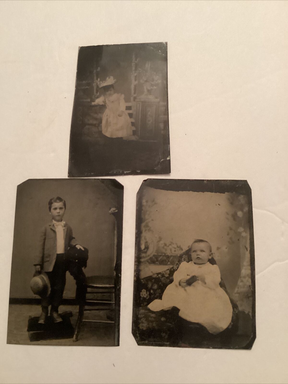 3 1870’s  TINTYPE Photos Man Children Kids Babies Girl Boy Props Hat Dresses