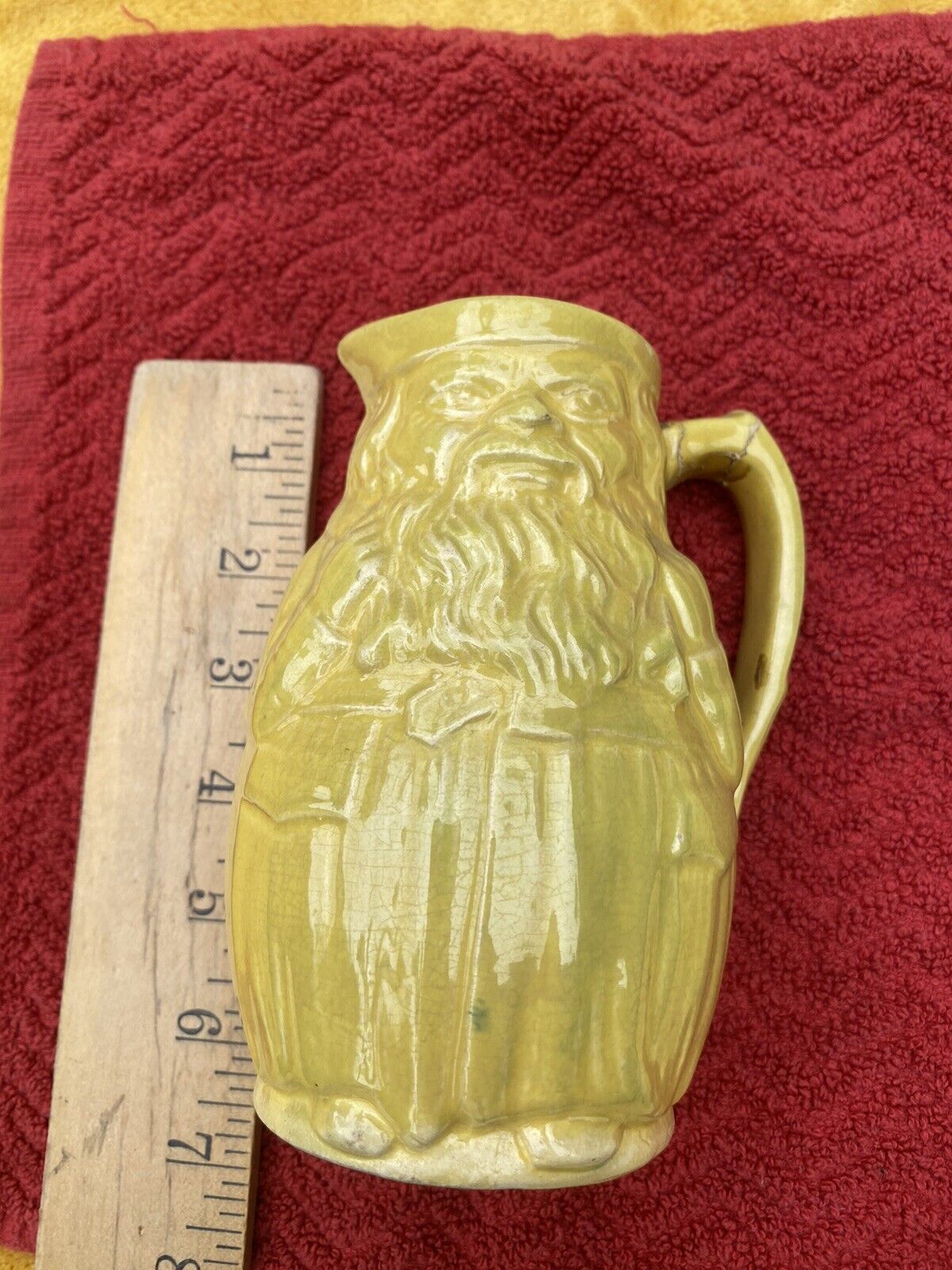 Antique Toby Jug - Man with Beard.  Solid mustard Color.  Cracked and Chipped