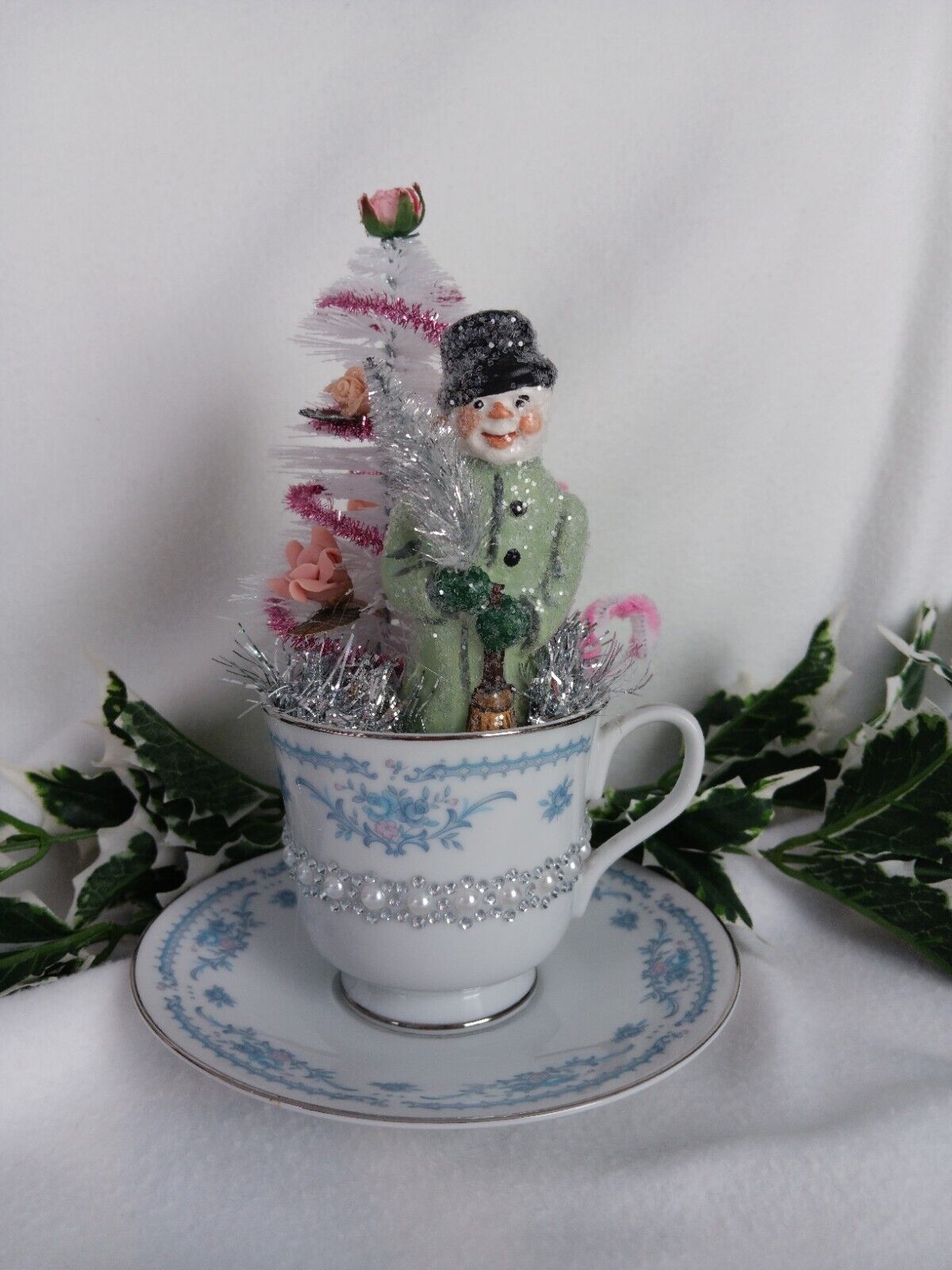 Vintage Chalkware Snowman, Rose Assemblage In Fine China Teacup, 8 1/2\
