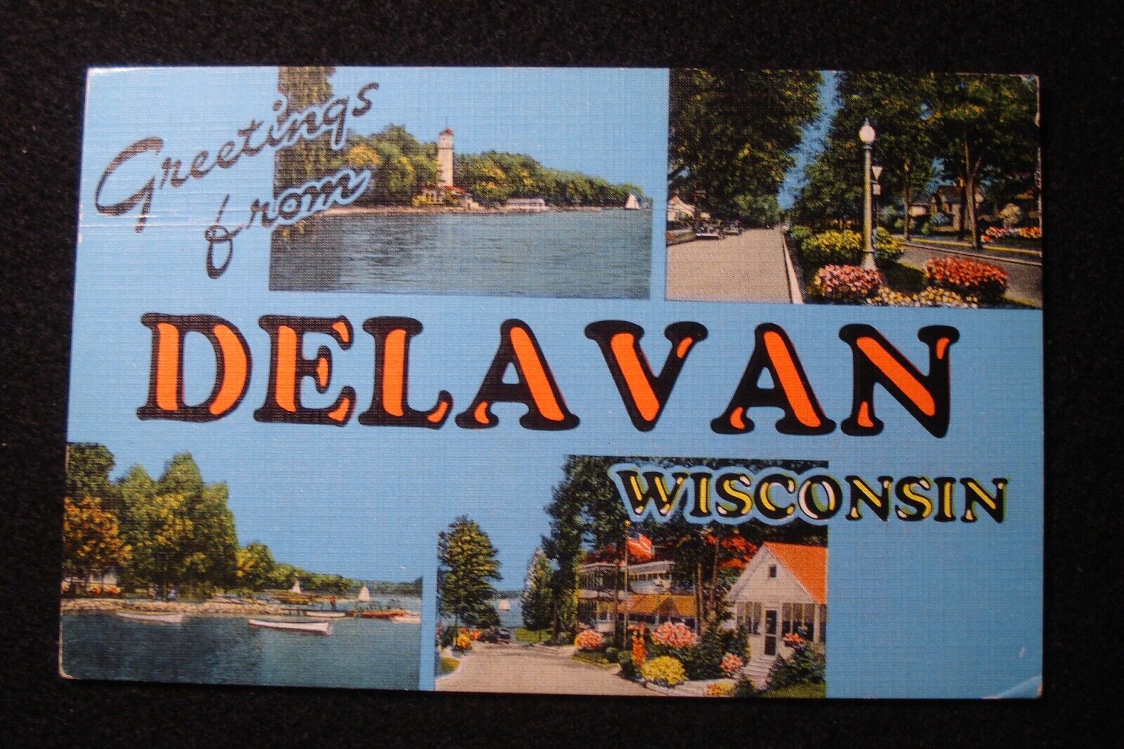 GREETINGS FROM DELAVAN WI VTG MCM MULTIVIEW LINEN PC, LIGHTHOUSE, LINCOLN AVE