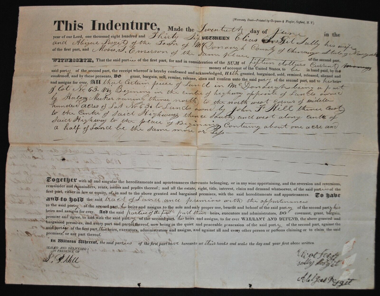 1836 Land Deed in McDonough, New York / Chenango County