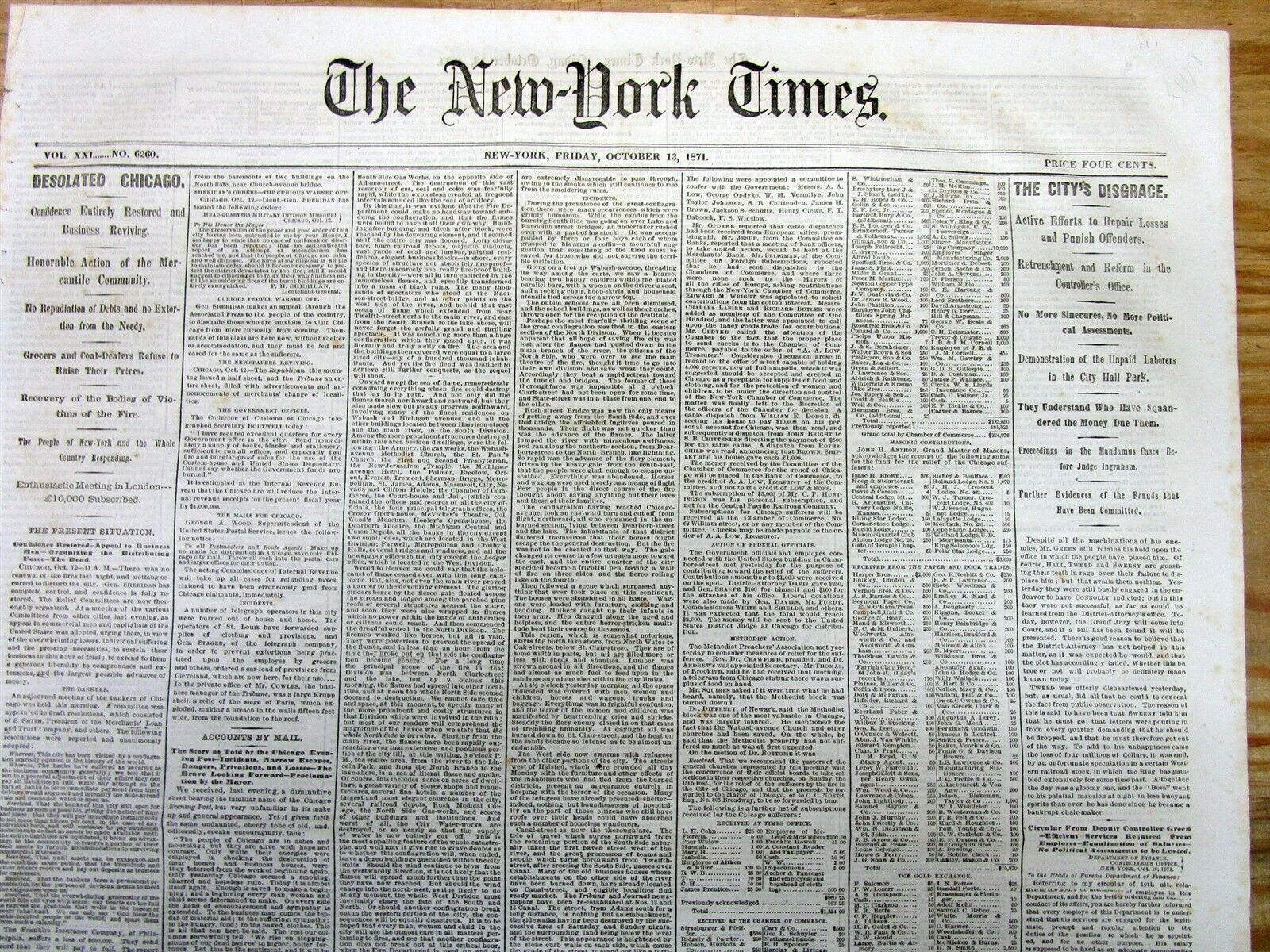 1871 NY Times headline display newspaper with THE GREAT CHICAGO FIRE disaster
