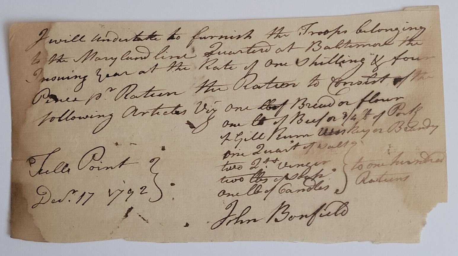 1792 NOTE MILITARY TROOPS TULLS POINT MARYLAND JOHN BONFIELD AMERICAN REVOLUTION
